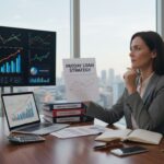 A woman in business attire sits at a desk holding a paper titled "Payday Loan Strategy." Charts are displayed on her screens as she explores smart approaches for strategic gains, surrounded by documents, books, a notebook, and a calculator.