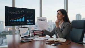A woman in business attire sits at a desk holding a paper titled "Payday Loan Strategy." Charts are displayed on her screens as she explores smart approaches for strategic gains, surrounded by documents, books, a notebook, and a calculator.