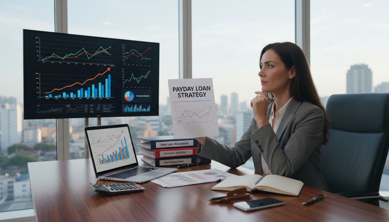 A woman in business attire sits at a desk holding a paper titled "Payday Loan Strategy." Charts are displayed on her screens as she explores smart approaches for strategic gains, surrounded by documents, books, a notebook, and a calculator.