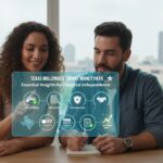 A woman and man sit at a table looking at a floating digital graphic titled “Texas Millennials’ Smart Money Path,” featuring essential insights and financial icons about financial independence. City buildings are visible through the window behind them.