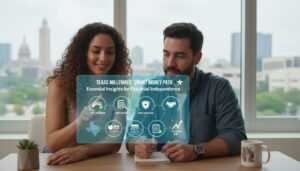 A woman and man sit at a table looking at a floating digital graphic titled “Texas Millennials’ Smart Money Path,” featuring essential insights and financial icons about financial independence. City buildings are visible through the window behind them.