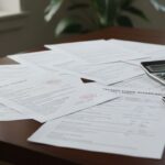 A wooden desk with scattered documents, a calculator, a pen, a closed notebook, and a desk lamp. A plant is visible in the background next to a window. The focus is on various papers—some labeled as loan agreements—reflecting detailed payday loan recordkeeping practices for borrowers in Texas.