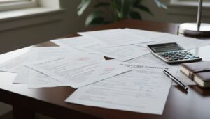 A wooden desk with scattered documents, a calculator, a pen, a closed notebook, and a desk lamp. A plant is visible in the background next to a window. The focus is on various papers—some labeled as loan agreements—reflecting detailed payday loan recordkeeping practices for borrowers in Texas.