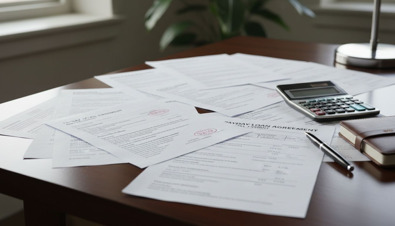 A wooden desk with scattered documents, a calculator, a pen, a closed notebook, and a desk lamp. A plant is visible in the background next to a window. The focus is on various papers—some labeled as loan agreements—reflecting detailed payday loan recordkeeping practices for borrowers in Texas.