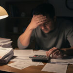 A person sits at a desk covered with paperwork and uses a calculator, appearing stressed or worried. There is a stack of documents, a lamp, and a bookshelf in the background. The scene suggests financial or work-related stress, possibly related to managing payday loan obligations or searching for effective payday loan tips.