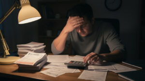 A person sits at a desk covered with paperwork and uses a calculator, appearing stressed or worried. There is a stack of documents, a lamp, and a bookshelf in the background. The scene suggests financial or work-related stress, possibly related to managing payday loan obligations or searching for effective payday loan tips.