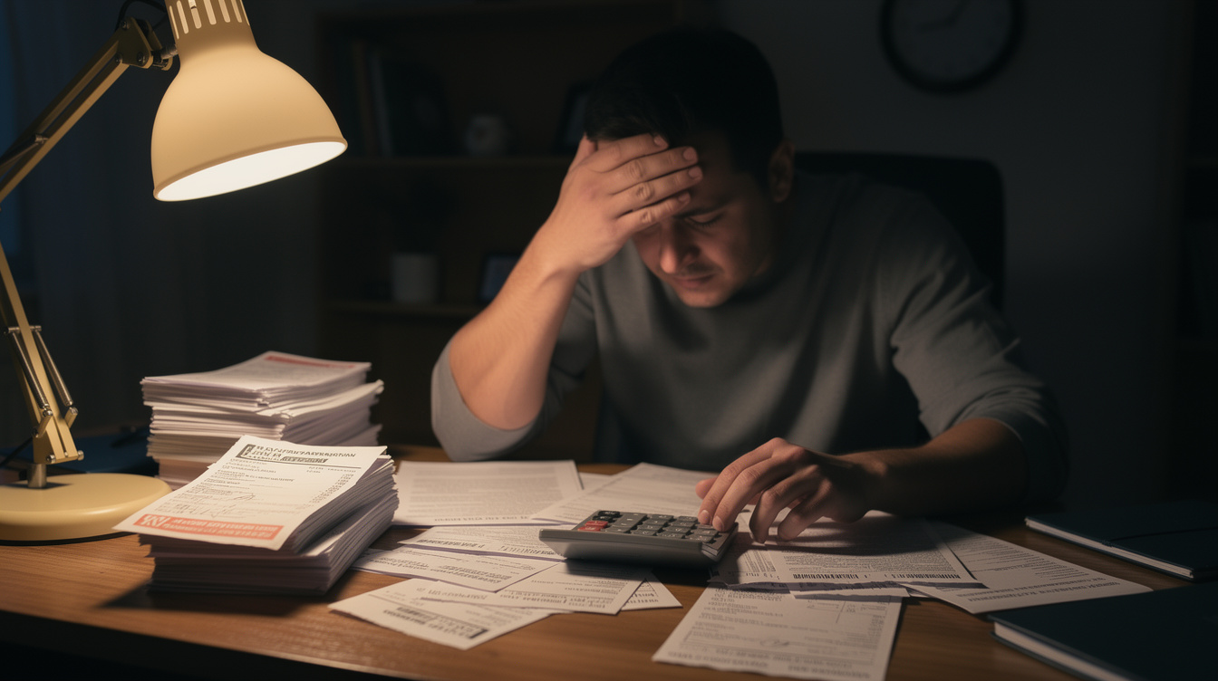 A person sits at a desk covered with paperwork and uses a calculator, appearing stressed or worried. There is a stack of documents, a lamp, and a bookshelf in the background. The scene suggests financial or work-related stress, possibly related to managing payday loan obligations or searching for effective payday loan tips.