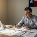 A man sits at a desk with documents, writing on paper, with a laptop open beside him. Sunlight shines through a window. A small plant and a Texas flag are visible in the office, suggesting he might be researching Payday Loans Texas or exploring responsible Payday Loan Alternatives for financial planning.