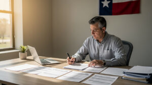 A man sits at a desk with documents, writing on paper, with a laptop open beside him. Sunlight shines through a window. A small plant and a Texas flag are visible in the office, suggesting he might be researching Payday Loans Texas or exploring responsible Payday Loan Alternatives for financial planning.