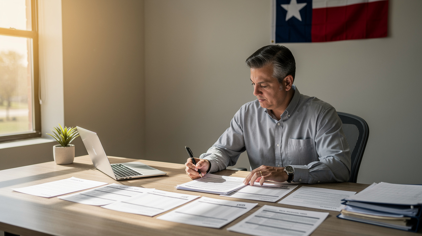A man sits at a desk with documents, writing on paper, with a laptop open beside him. Sunlight shines through a window. A small plant and a Texas flag are visible in the office, suggesting he might be researching Payday Loans Texas or exploring responsible Payday Loan Alternatives for financial planning.