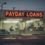 A storefront with a neon “PAYDAY LOANS” sign glows at dusk, subtly hinting at the Payday Loan Traps often associated with such places. One person sits inside at a desk under bright fluorescent lights. The parking lot in front appears wet, and empty chairs line the building’s window.