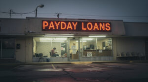 A storefront with a neon “PAYDAY LOANS” sign glows at dusk, subtly hinting at the Payday Loan Traps often associated with such places. One person sits inside at a desk under bright fluorescent lights. The parking lot in front appears wet, and empty chairs line the building’s window.