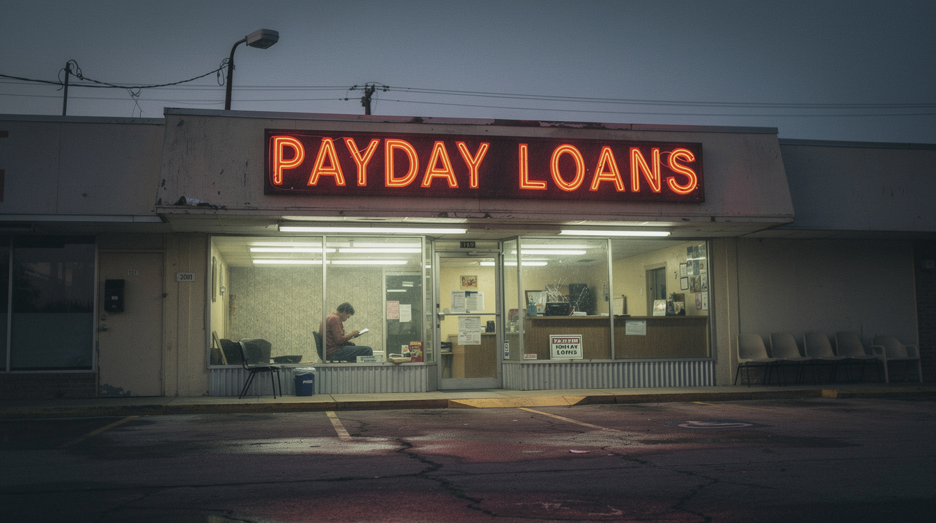A storefront with a neon “PAYDAY LOANS” sign glows at dusk, subtly hinting at the Payday Loan Traps often associated with such places. One person sits inside at a desk under bright fluorescent lights. The parking lot in front appears wet, and empty chairs line the building’s window.