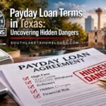 Informational graphic titled “Payday Loan Terms in Texas: Uncovering Hidden Dangers,” featuring a stack of papers labeled with fees, a calculator, a hundred-dollar bill, and a background image of the Alamo in San Antonio highlighting payday loans.