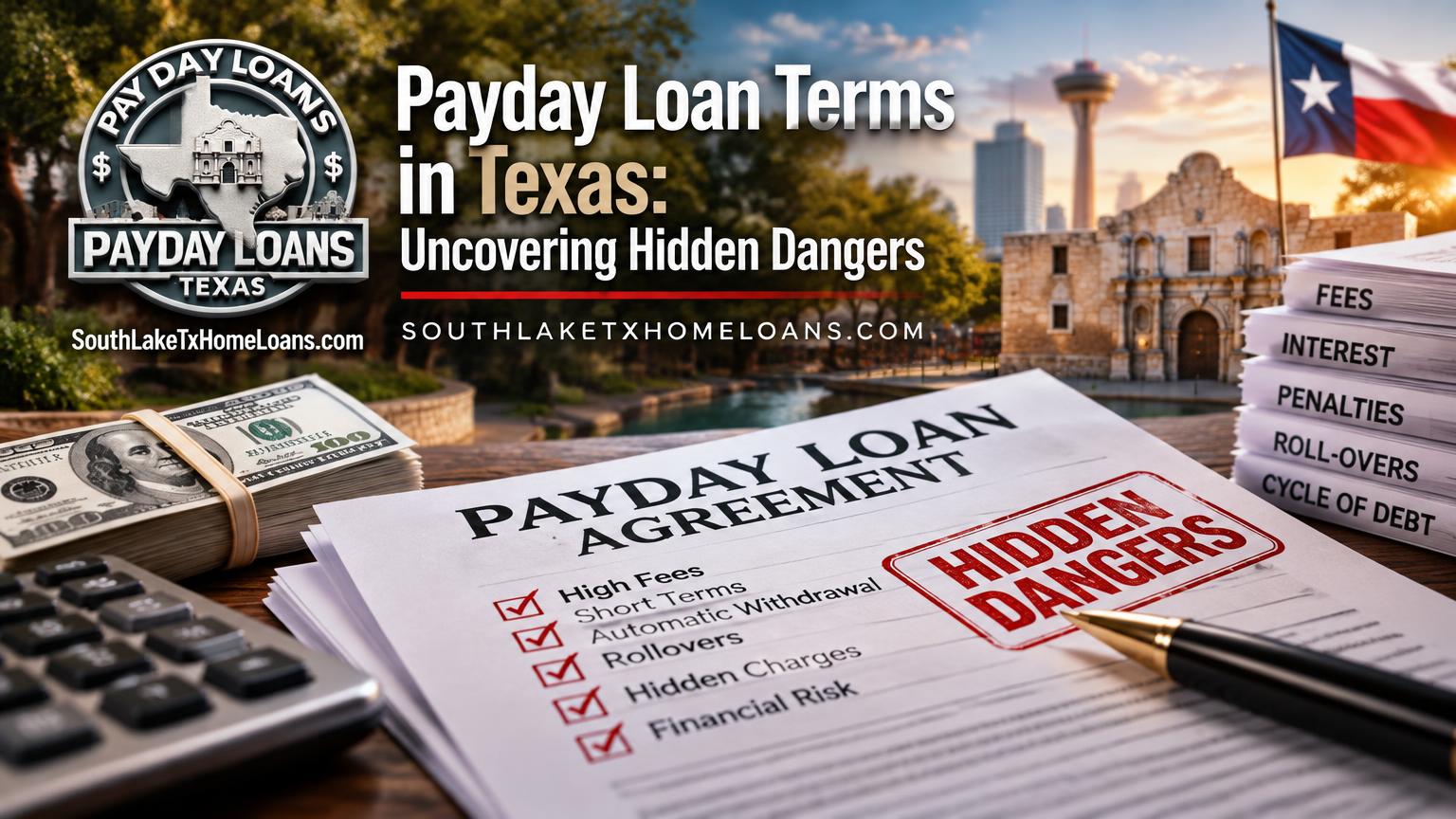 Informational graphic titled “Payday Loan Terms in Texas: Uncovering Hidden Dangers,” featuring a stack of papers labeled with fees, a calculator, a hundred-dollar bill, and a background image of the Alamo in San Antonio highlighting payday loans.